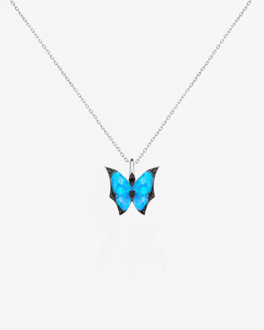 Fly By Night butterfly Black Opalescent Crystal Haze mini pendant necklace in 18k white gold with black diamond pavé fine jewellery