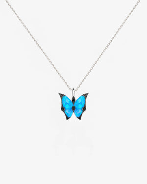 Fly By Night butterfly Black Opalescent Crystal Haze mini pendant necklace in 18k white gold with black diamond pavé fine jewellery