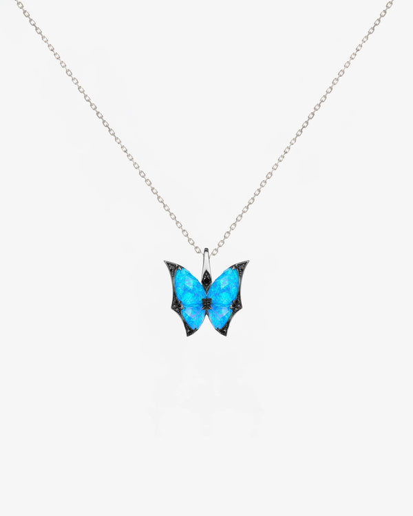 Fly By Night butterfly Black Opalescent Crystal Haze mini pendant necklace in 18k white gold with black diamond pavé fine jewellery