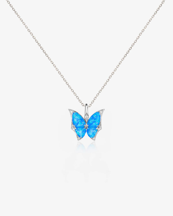 Fly By Night butterfly Black Opalescent Crystal Haze mini pendant necklace in 18k white gold with white diamond pavé fine jewellery