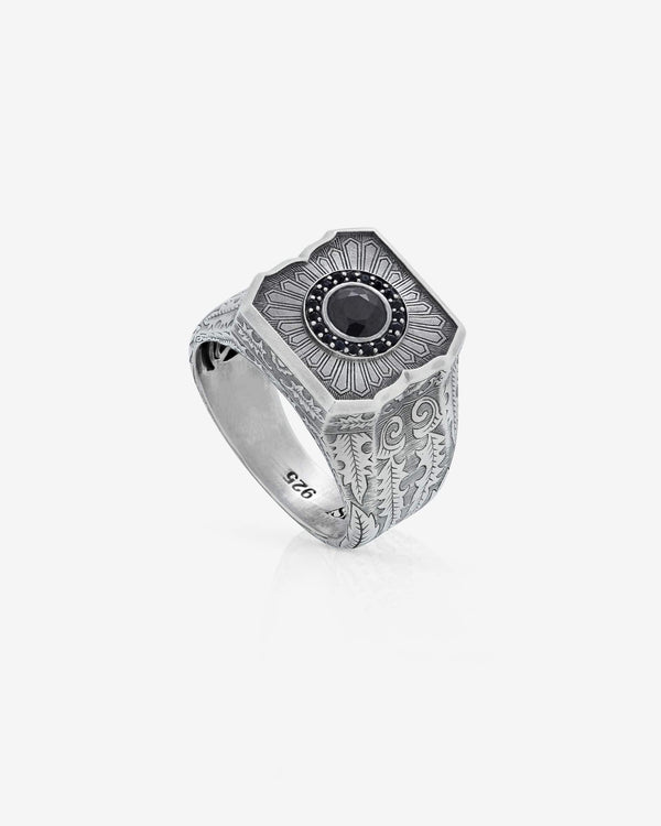 Stephen Webster black sapphire Cuban Leaf ring — sterling-silver engraved Cuban-leaf band, black-sapphire pavé and ring face front view