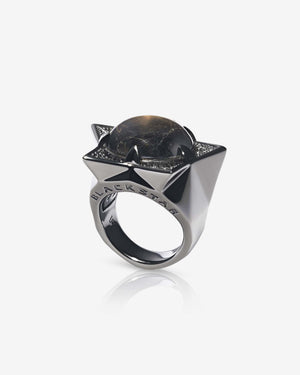 Side profile of Black Sapphire Star ring — sterling silver band 10 mm wide, showing stone setting, band thickness and polished finish