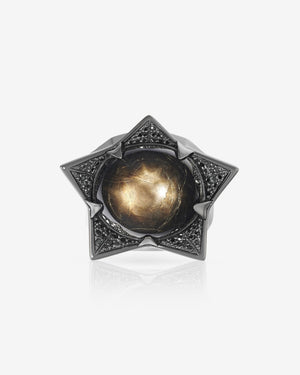 Stephen Webster Black Sapphire Star ring — sterling silver band, central cabochon black sapphire gemstone (35.74 ct) and black diamond pavé, top view showing ring face