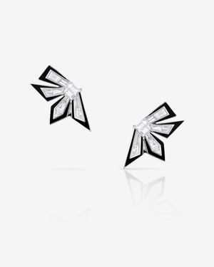Stephen Webster Cascade Enamel Earrings in 18ct white gold with white diamonds, black spinels and black enamel, luxury fine jewellery statement earrings