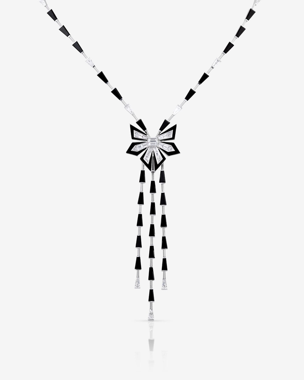 Stephen Webster Cascade Enamel Necklace in 18ct white gold with white diamonds, black spinels and black enamel, luxury fine jewellery statement necklace and perfect gift for her