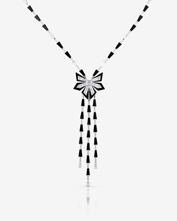 Stephen Webster Cascade Enamel Necklace in 18ct white gold with white diamonds, black spinels and black enamel, luxury fine jewellery statement necklace and perfect gift for her