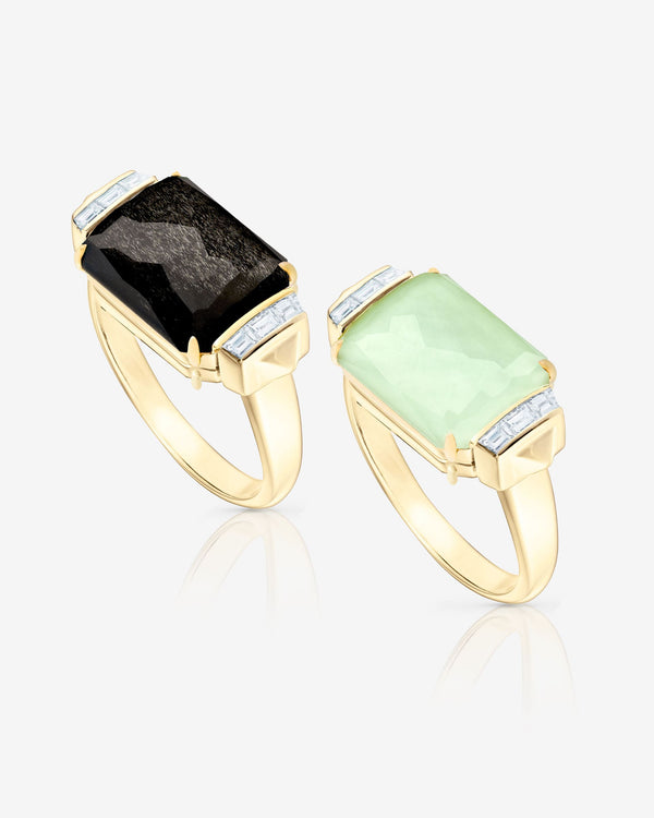 Stephen Webster Chrysolemon Obsidian Crystal Haze tablet twister slim ring in 18ct yellow gold with Chrysolemon Obsidian Crystal Haze gemstone and diamond accents