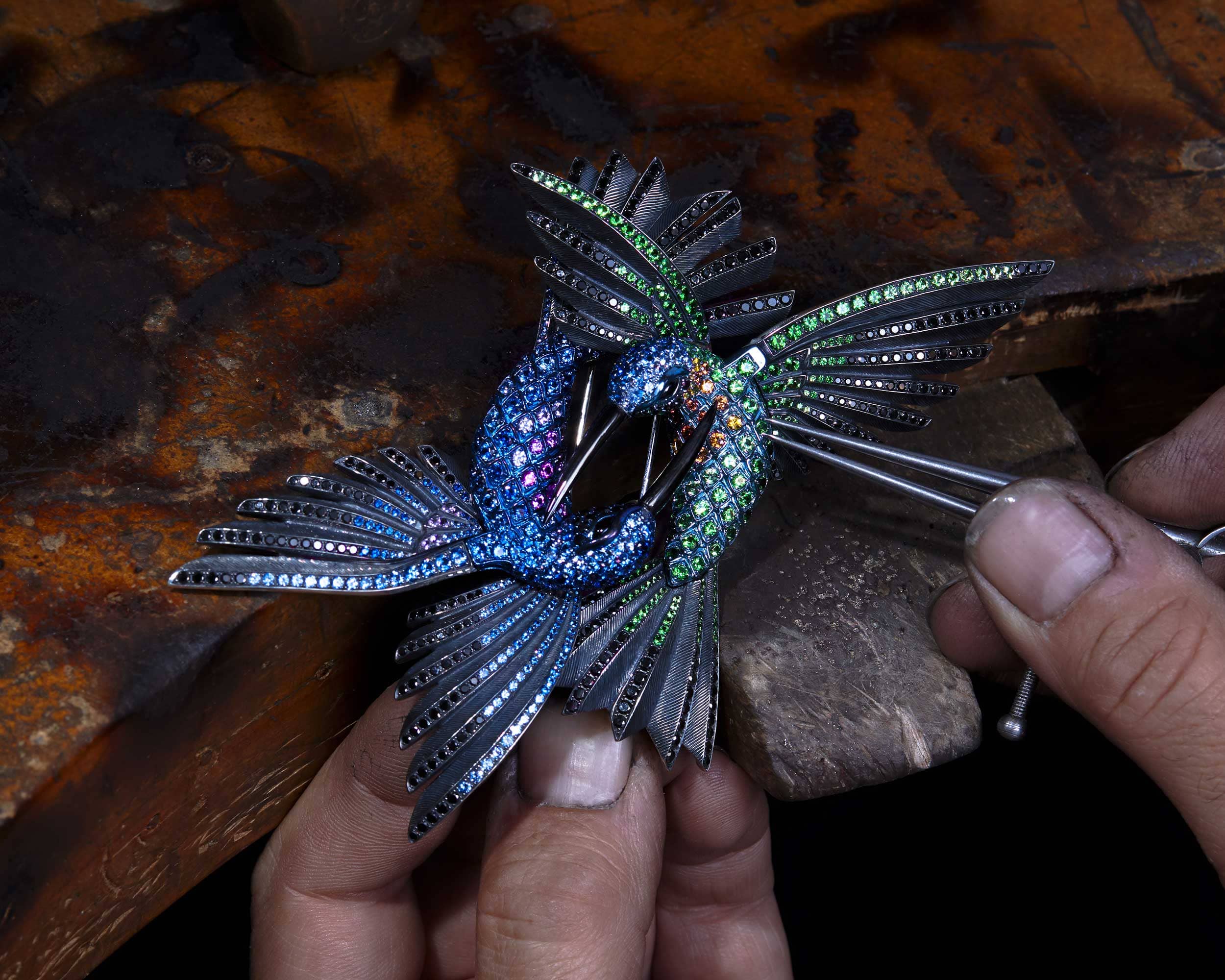 Detail of Stephen Webster craftsman shaping fine jewellery by hand