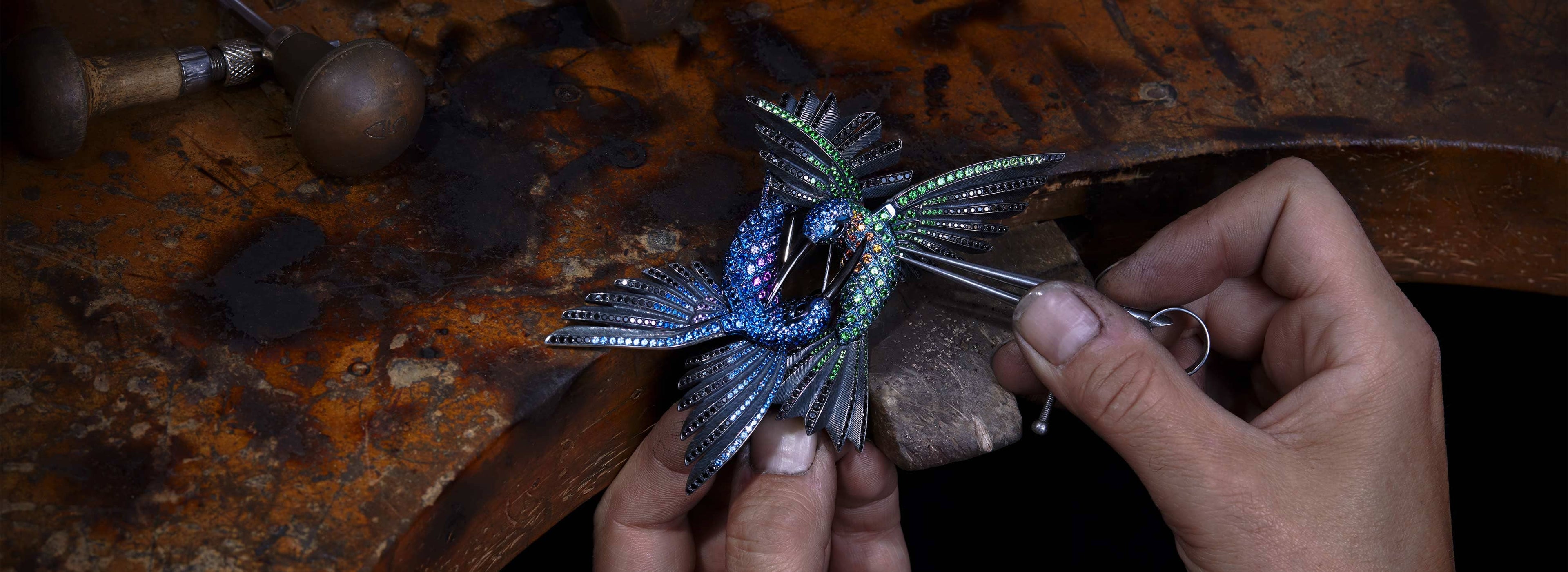 Detail of Stephen Webster craftsman shaping fine jewellery by hand