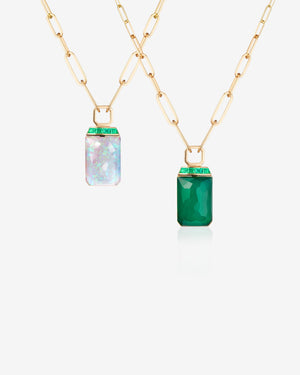 Stephen Webster Crystal Haze and emeralds tablet twister pendant in 18ct yellow gold with White Opalescent and Green Agate Crystal Haze and baguette emeralds