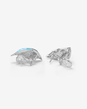 Back profile of Stephen Webster Crystal Haze blue butterfly cuff earrings showcasing Black Opalescent quartz and black diamond pavé