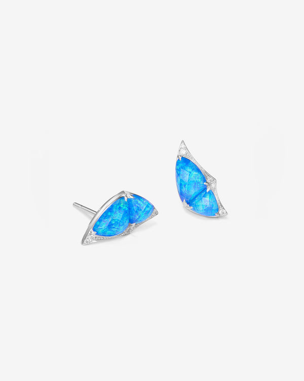 Side profile of Stephen Webster Crystal Haze blue mini butterfly cuff earrings showcasing Black Opalescent quartz and white diamond pavé