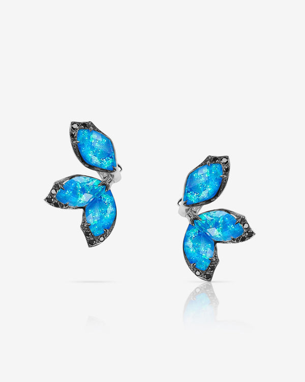 Stephen Webster Crystal Haze Chance black opal chance earrings in 18ct white gold with black opalescent Crystal Haze and black diamond pavé, premium studio front view