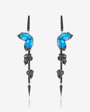 Stephen Webster Crystal Haze Chance black opal drop earrings in 18ct white gold with black opalescent Crystal Haze and black diamond pavé, luxury studio front view
