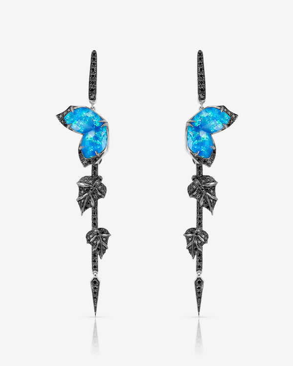 Stephen Webster Crystal Haze Chance black opal drop earrings in 18ct white gold with black opalescent Crystal Haze and black diamond pavé, luxury studio front view