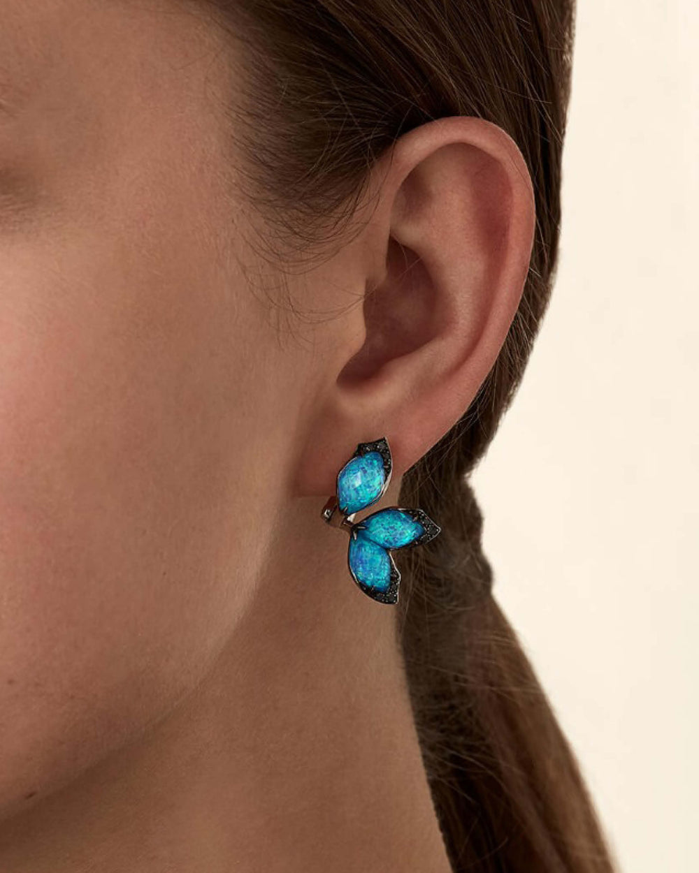 Stephen Webster Crystal Haze Chance black opal chance earrings in 18ct white gold with black opalescent Crystal Haze and black diamond pavé, premium studio front view