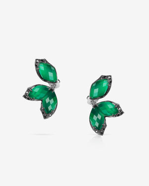 Stephen Webster Crystal Haze Chance green agate chance earrings in 18ct white gold with green agate and clear quartz Crystal Haze gemstones and black diamond pavé, premium studio front view