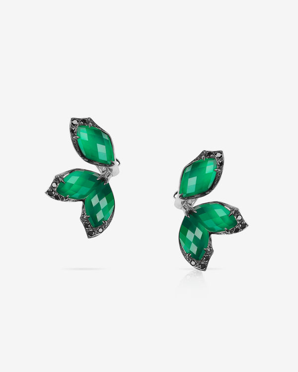 Stephen Webster Crystal Haze Chance green agate chance earrings in 18ct white gold with green agate and clear quartz Crystal Haze gemstones and black diamond pavé, premium studio front view