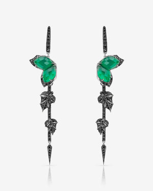 Stephen Webster Crystal Haze Chance green agate drop earrings in 18ct white gold with green agate and quartz Crystal Haze and black diamond pavé, luxury studio front view