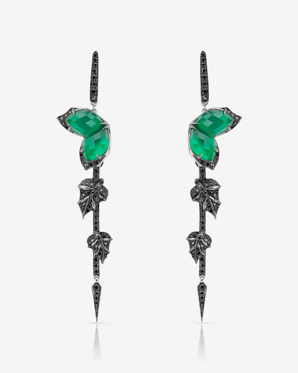 Stephen Webster Crystal Haze Chance green agate drop earrings in 18ct white gold with green agate and quartz Crystal Haze and black diamond pavé, luxury studio front view