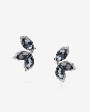 Stephen Webster Crystal Haze Chance hematite chance earrings in 18ct white gold with rich hematite Crystal Haze gemstones and white diamond pavé, premium studio front view