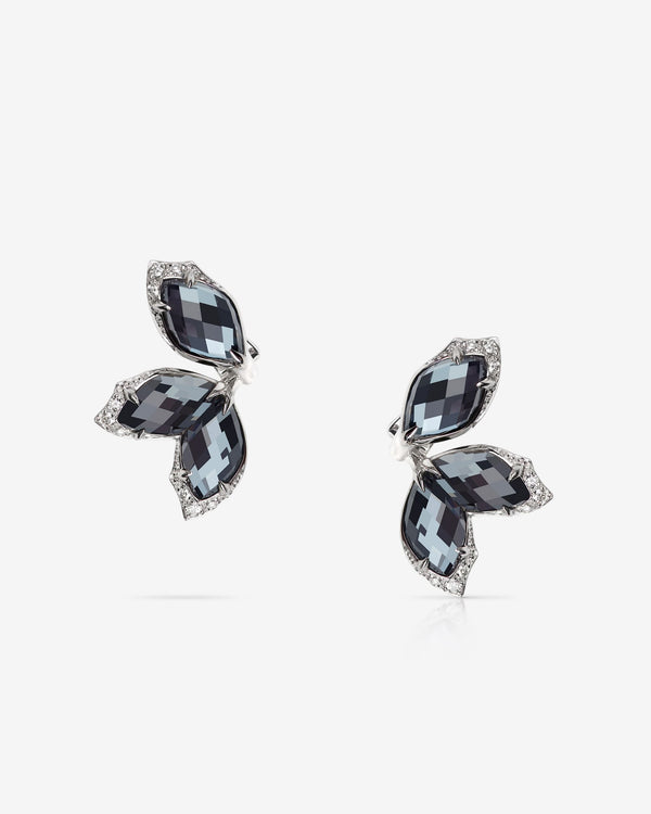 Stephen Webster Crystal Haze Chance hematite chance earrings in 18ct white gold with rich hematite Crystal Haze gemstones and white diamond pavé, premium studio front view