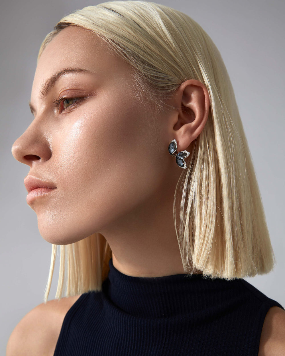 Stephen Webster Crystal Haze Chance hematite chance earrings in 18ct white gold with rich hematite Crystal Haze gemstones and white diamond pavé, premium studio front view