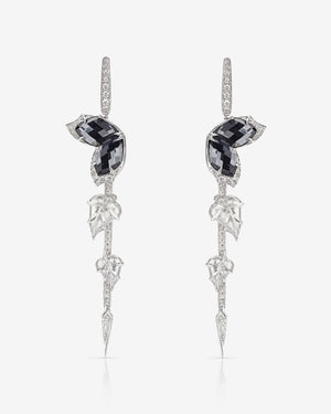 Stephen Webster Crystal Haze Chance hematite drop earrings in 18ct white gold with clear quartz and hematite Crystal Haze gemstones and white diamond pavé, luxury studio front view