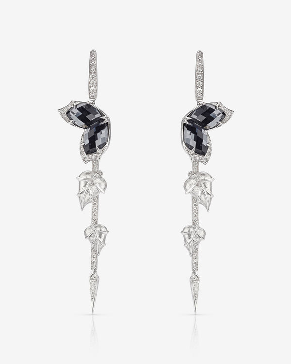 Stephen Webster Crystal Haze Chance hematite drop earrings in 18ct white gold with clear quartz and hematite Crystal Haze gemstones and white diamond pavé, luxury studio front view