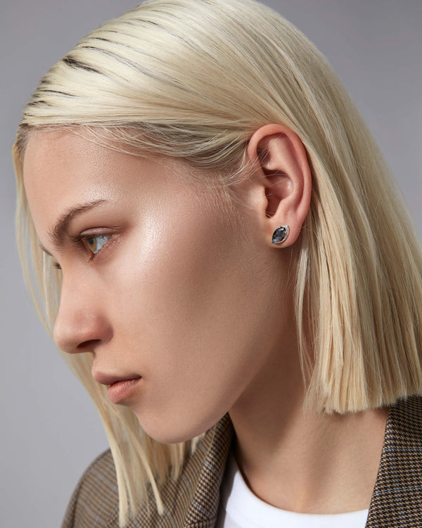 Stephen Webster Crystal Haze Chance Hematite Stud Earrings in 18ct White Gold worn on model close up