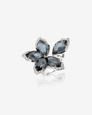 Stephen Webster Crystal Haze Chance large hematite cocktail ring in 18ct white gold with hematite crystal haze and white diamond pavé.