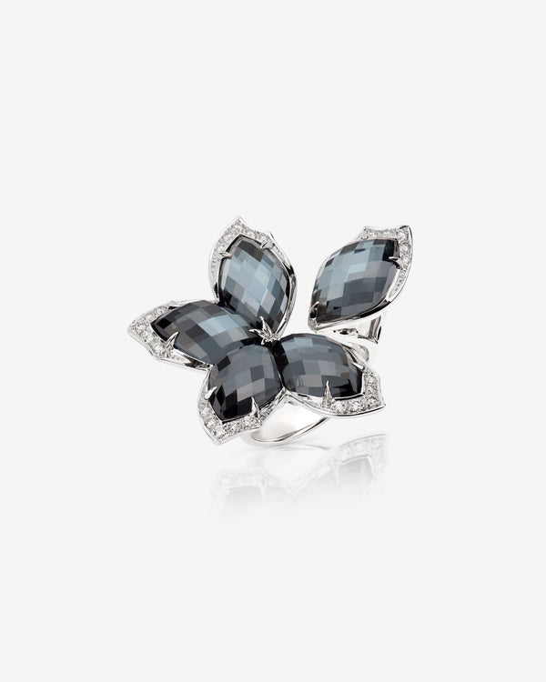 Stephen Webster Crystal Haze Chance large hematite cocktail ring in 18ct white gold with hematite crystal haze and white diamond pavé.