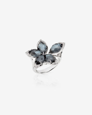 Stephen Webster Crystal Haze Chance Hematite Small Cocktail Ring in 18ct White Gold with hematite quartz and white diamond pavé front view