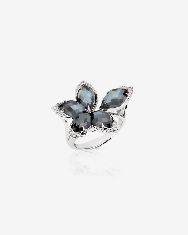 Stephen Webster Crystal Haze Chance Hematite Small Cocktail Ring in 18ct White Gold with hematite quartz and white diamond pavé front view