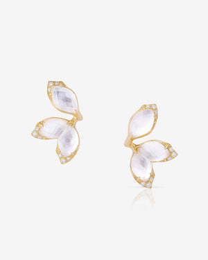 Stephen Webster Crystal Haze Chance white mother of pearl chance earrings in 18ct yellow gold with opalescent Crystal Haze and white diamond pavé, premium studio front view