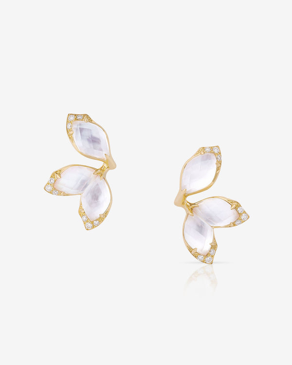 Stephen Webster Crystal Haze Chance white mother of pearl chance earrings in 18ct yellow gold with opalescent Crystal Haze and white diamond pavé, premium studio front view