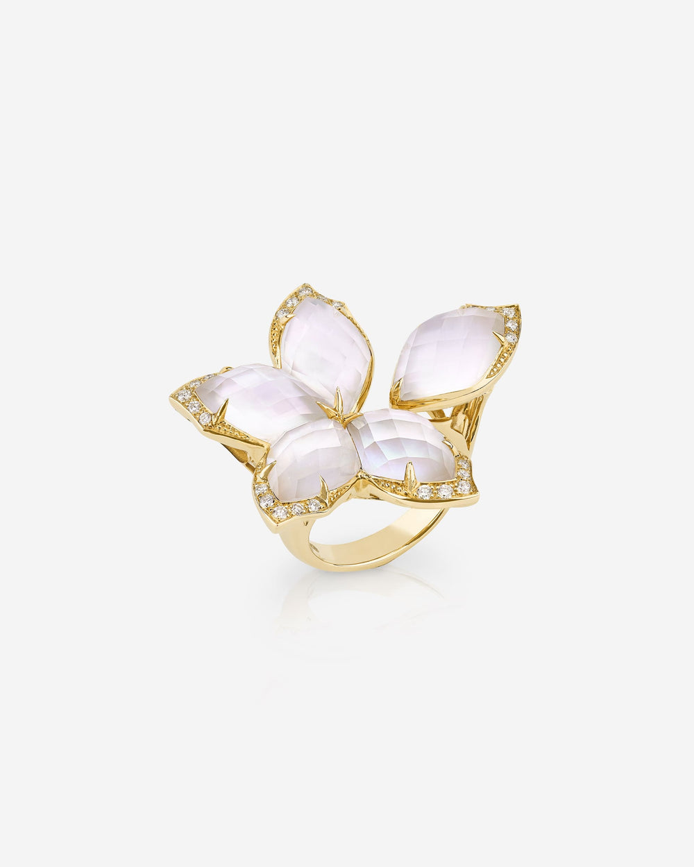 Stephen Webster Crystal Haze Chance white mother of pearl large cocktail ring in 18ct yellow gold with luminous opalescent gemstone and white diamond pavé, premium studio front view