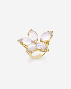 Stephen Webster Crystal Haze Chance white mother of pearl large cocktail ring in 18ct yellow gold with luminous opalescent gemstone and white diamond pavé, premium studio front view