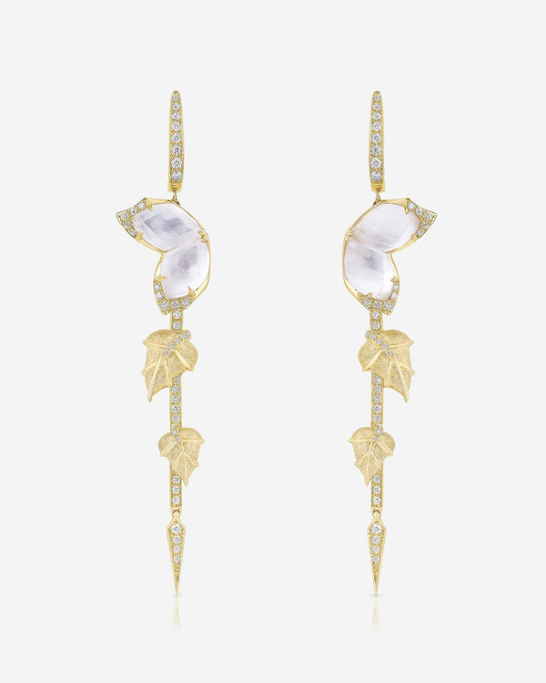 Stephen Webster Crystal Haze Chance 18ct yellow gold drop earrings with white mother of pearl and quartz Crystal Haze gemstones and white diamond pavé, luxury studio front view