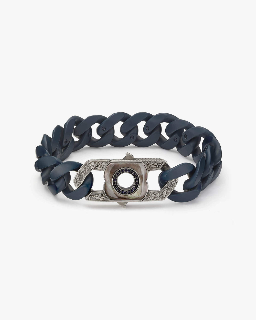 Stephen Webster Cuban Deep Blue matt ceramic bracelet — full length laid flat, showing deep-blue ceramic links and bracelet design