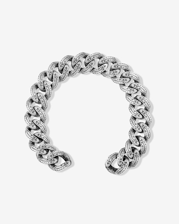 Stephen Webster Cuban Leaf wide-link sterling silver bracelet laid flat — full length showing engraved leaf-pattern links