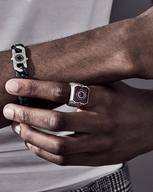 Styled shot of Cuban Leaf Enamel ring with outfit — ring visible on hand to showcase style, design and gemstone contrast