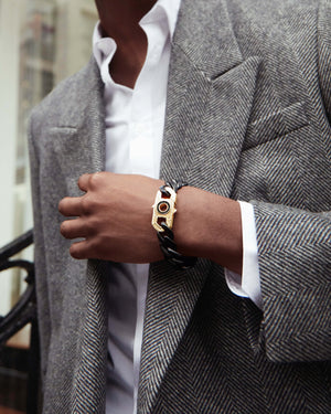 Close-up view of model’s wrist wearing matt black ceramic bracelet — detailed view of matte surface, link design, and proportion under lighting