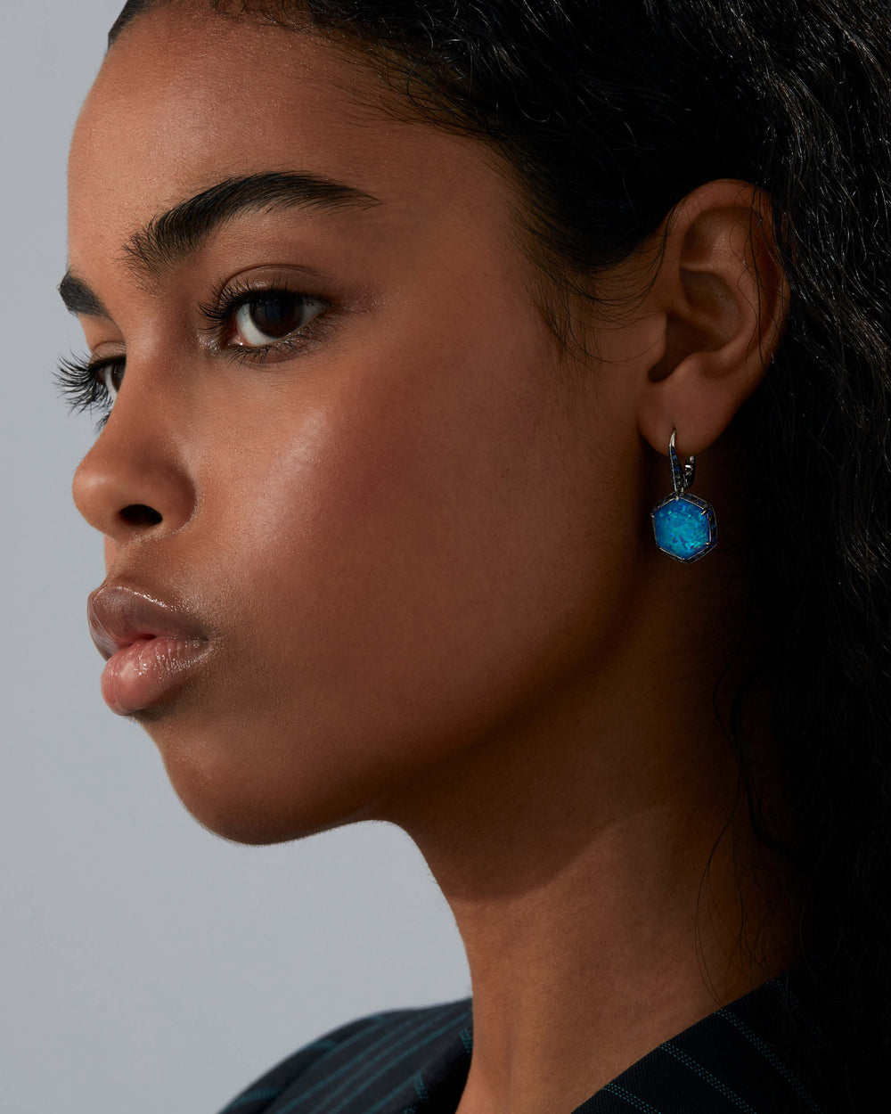 Stephen Webster Deco Haze drop earrings in 18ct white gold with black opalescent Crystal Haze, blue sapphire pavé and black diamond accents, luxury fine jewellery