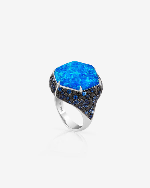 Stephen Webster Deco Haze Small Pavé ring in 18ct white gold with Black Opalescent Crystal Haze, blue sapphire pavé and black diamond accents, luxury British fine jewellery