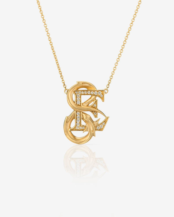 Stephen Webster E is for Electric Eel initial necklace in 18ct yellow gold with white diamonds, personalised luxury jewellery gift for her