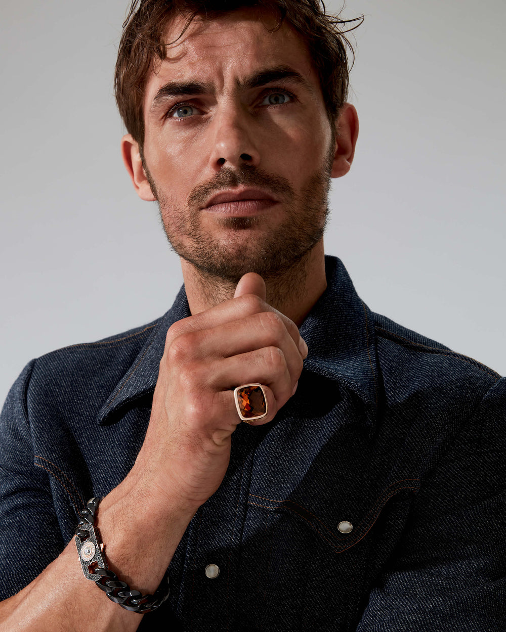 Stephen Webster Beasts of London Embankment Fish Ring in sterling silver & 18 ct rose gold with cushion-cut cognac quartz centre — top view showing stone and ring face