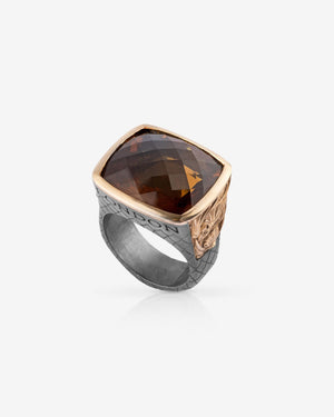 Stephen Webster Beasts of London Embankment Fish Ring in sterling silver & 18 ct rose gold with cushion-cut cognac quartz centre — top view showing stone and ring face