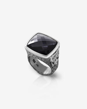 Stephen Webster Embankment Fish ring in sterling silver with cushion-cut Hematite Crystal Haze gemstone — top view showing stone and ring face