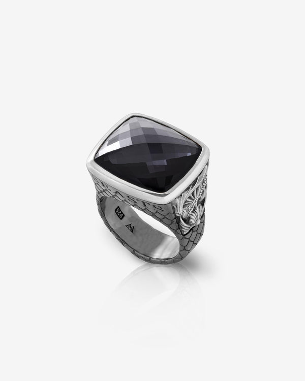 Stephen Webster Embankment Fish ring in sterling silver with cushion-cut Hematite Crystal Haze gemstone — top view showing stone and ring face